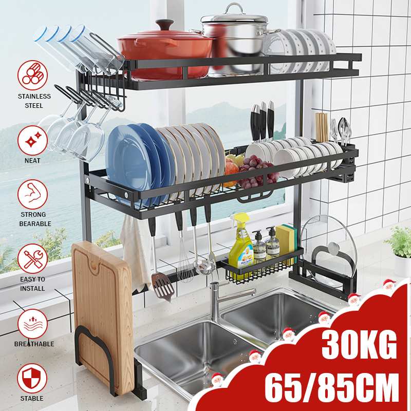 1/2 Layers Multi-use Stainless Steel Tableware Sink Drain Rack Dish Rack Folding Kitchen Drain Rack Drying Storage Rack Black