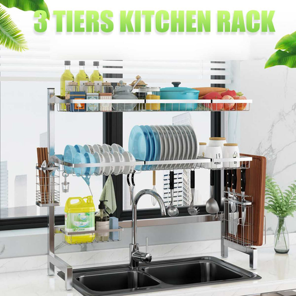 3Tier Stainless Steel Kitchen Shelf Organizer Dishes Drying Rack Over Sink Drain Rack Kitchen Storage Countertop Utensils Holder