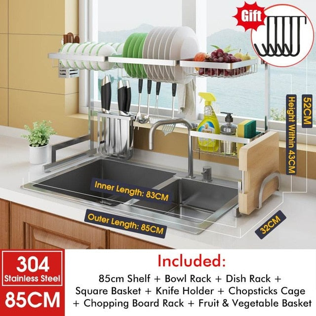 Stainless Steel Kitchen Shelf Organizer Dishes Drying Rack Over Sink Drain Rack Kitchen Storage Countertop Utensils Holder